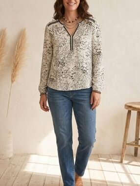 Lucky Brand Black White Floral Embroidered Boho Tunic Blouse 1X